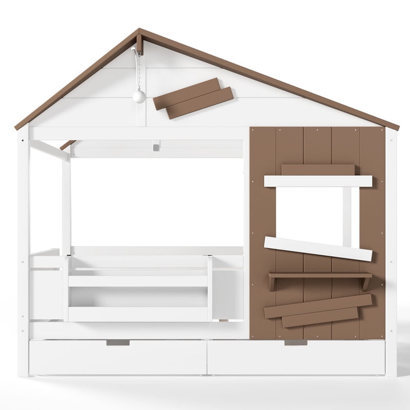 Full House-Shaped Kid's Bed with Built-in Bookshelf & Light Bulb, Wooden Platform Bed Frame with 2 Drawers & 5 Round Hooks