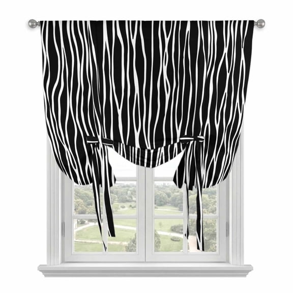 Black Striped Balloon Curtains 63 Inch Length for Living Room/Bedroom, Retro Wave Lines Texture Simple Rod Pocket Privacy Door Curtains Decorative Tie Up Shade for Window 52"x63"