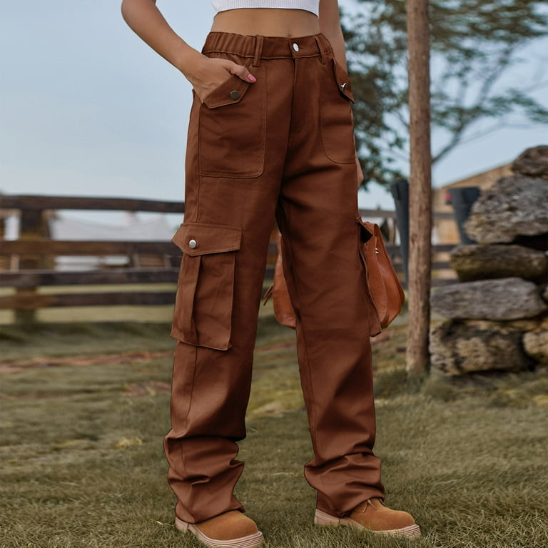 RYRJJ Women's High Waist Cargo Pants Stretch Baggy Combat Military Pants  Multiple Pockets Straight Wide Leg Y2K Fashion Streetwear Trousers(Brown,L)  