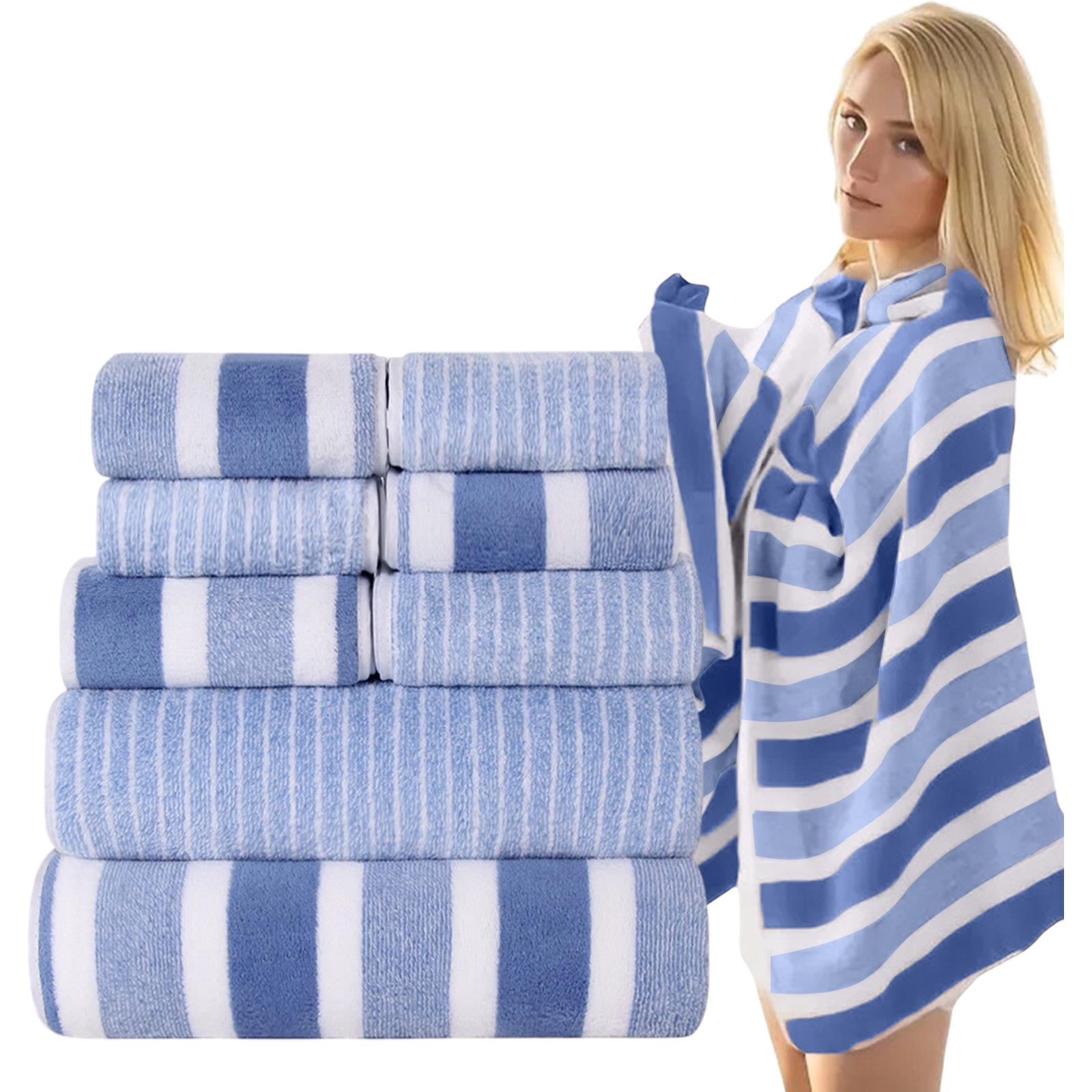 Ultra Soft Bath Towel Set 8-Piece, Velvet Wide Stripe Towel Washcloth Bath Towel, Microfiber Absorbent Quick Dry Towels for Bathroom, Spa, Gym, Pool Shower Beach (Blue)