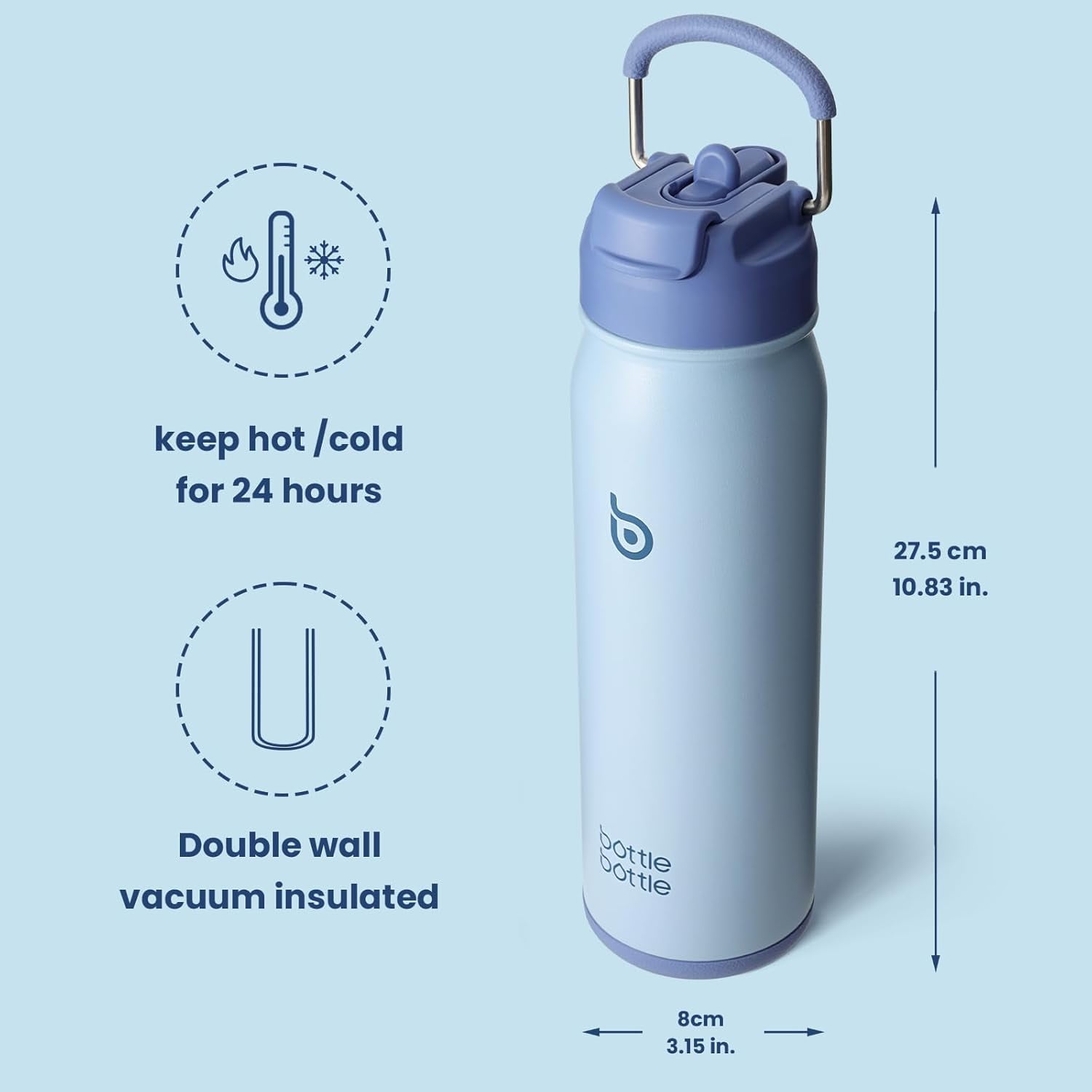 BOTTLE BOTTLE 24 oz sports water bottle stainless steel insulated water bottle with straw and pills holder (Blue)