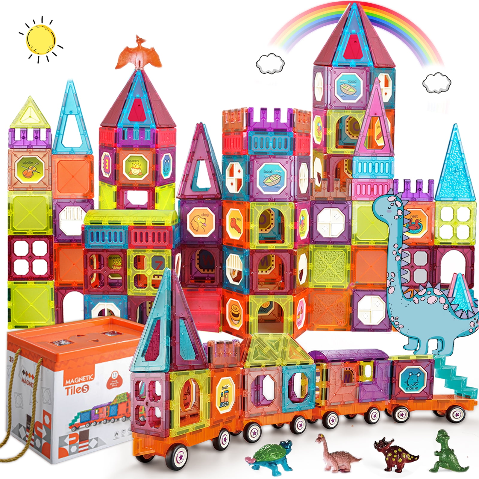 Magnetic Tiles Building Blocks with 4 Cars Magnet Train Set for Kids Construction STEM Toy Preschool Educational Creativity Learning Christmas Brithday Gift for Girls Boys Toddlers 3 4 5 6 7 8
