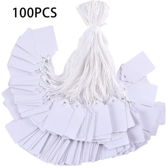 100Pc Cyenie White String Tags with Attached String, Smooth Marking Tags for Pricing Jewelry, Writable Label Hang Tags for Crafts Gift, White