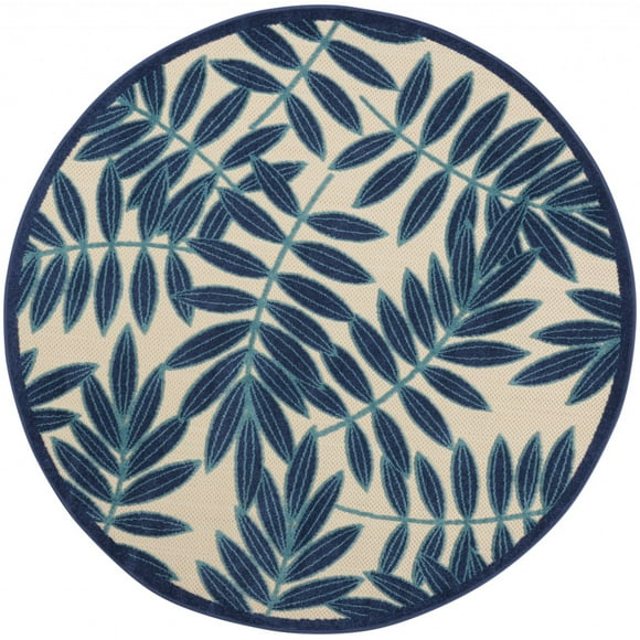 homeroots outdoor 385231 4’ Round Navy and Beige Leaves Indoor Outdoor Area Rug