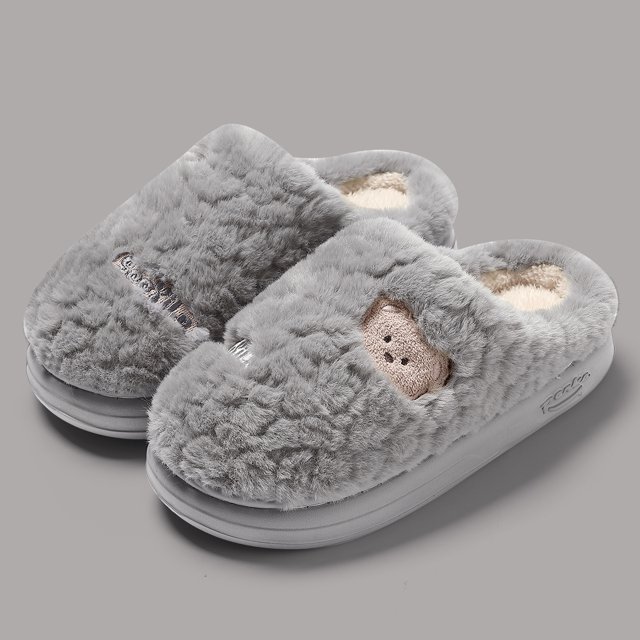 Pantuflas de felpa de invierno para hombre y mujer, pantuflas de algodón cálidas y antideslizantes para exteriores, pantuflas de piel mullidas y planas para el hogar