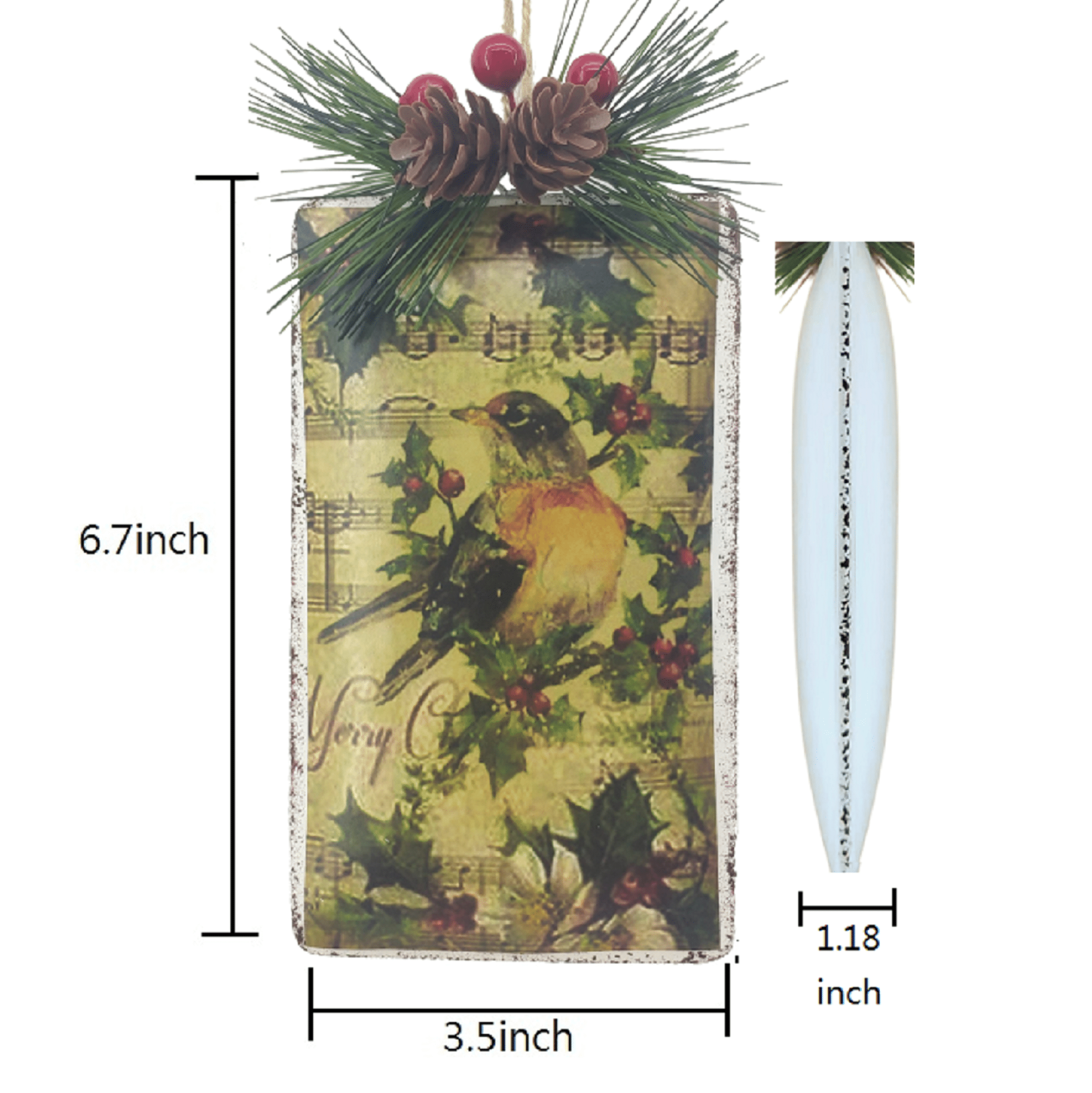 Holiday Time Oversize Rectangle Bird Metal Ornament. Casual Traditional Theme. Vintage Style. Antique Brown Color.