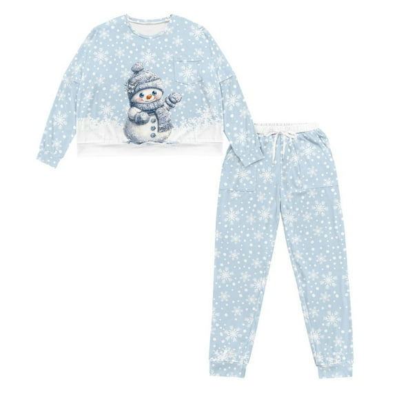 HELLHERO Christmas Pajama Pants Snowman Snowflake Printed Pjs Set Long Sleeve Sleepwear Round Neck Loungewear Soft Pajama with Pockets, L