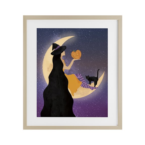 Stupell Industries Cottage Moonlit Witch Holding Jack-o-Lantern Birch Framed Print Under Glass, 13 x 16, by Daniela Santiago