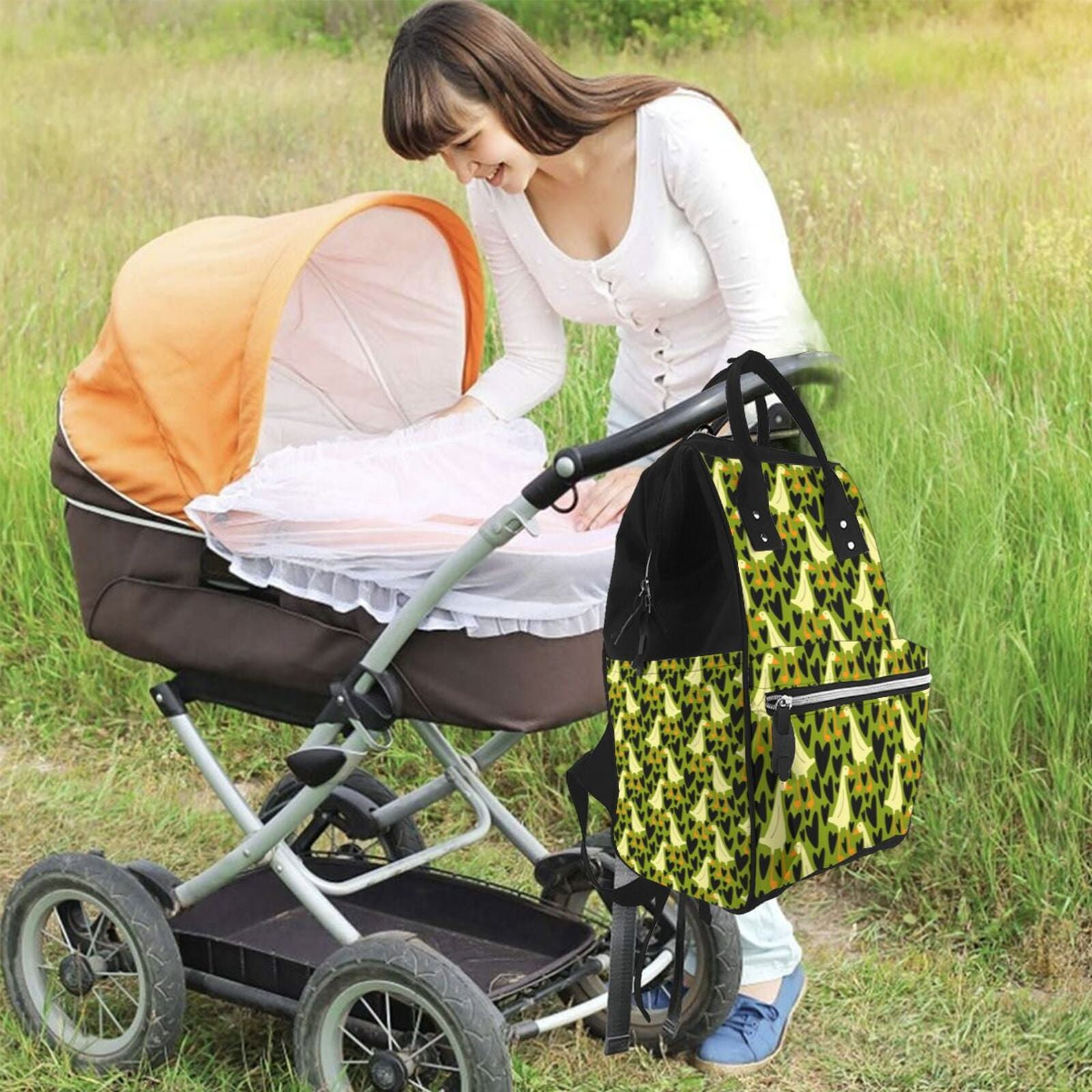 Fuzoiu goose and hearts Print Diaper Bag Backpack,Baby Essentials Travel Tote,Multi function Waterproof Diaper Bag, Travel Essentials Baby Bag - Unisex