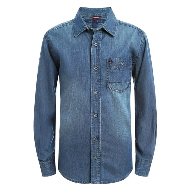 Camisa Tommy Hilfiger Maxwell de manga larga para niños, azul vaquero, 5 años