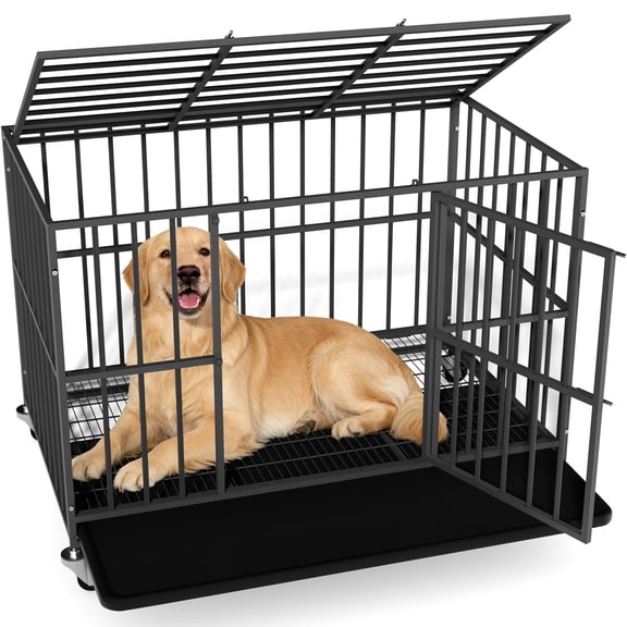 YOKWOK 48 Inch Heavy Duty Steel Dog Crate for Large Dogs, Chew Proof & Escape Proof for High Anxiety Dogs, Indoor Double Doors and Lockable Wheels, Removable Tray, Black