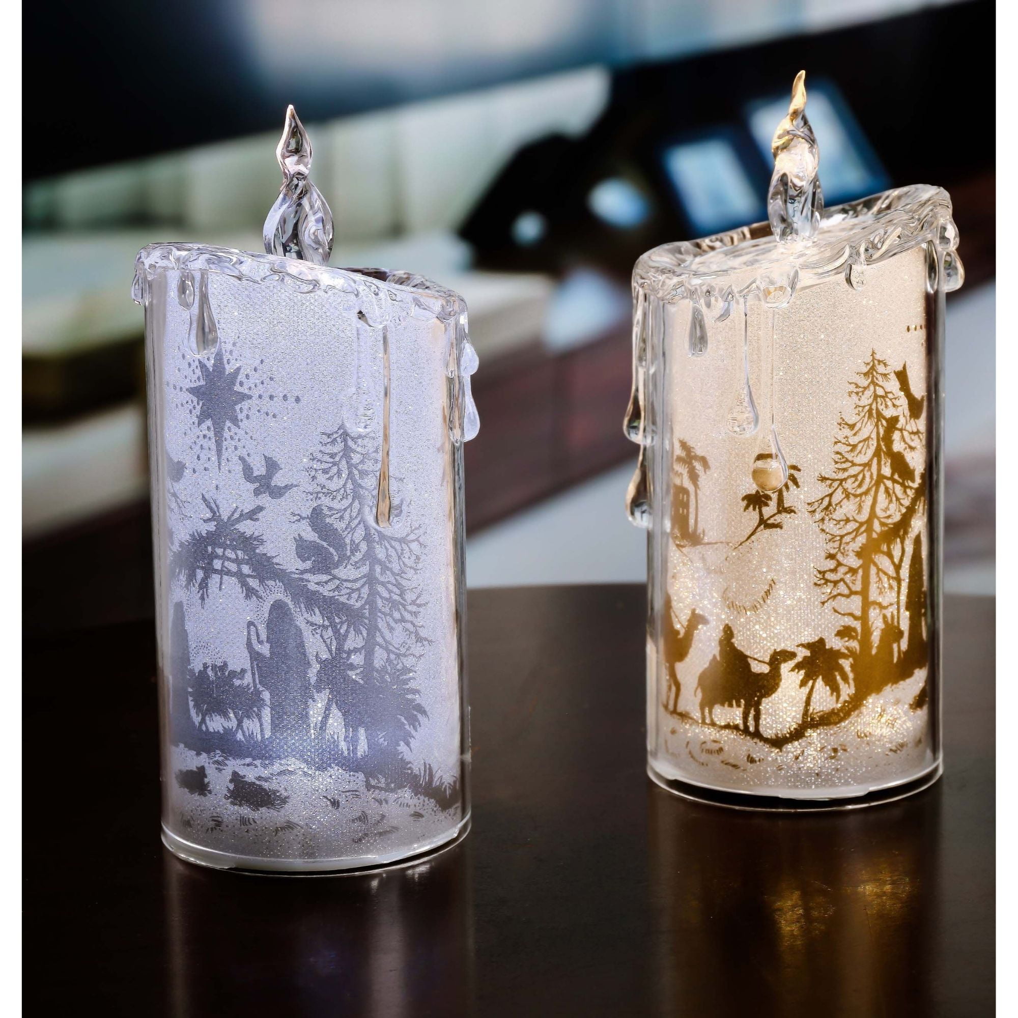Set of 2 Gold and Silver Glittering Nativity LED Lighted Candles Tabletop Decor 7.75"