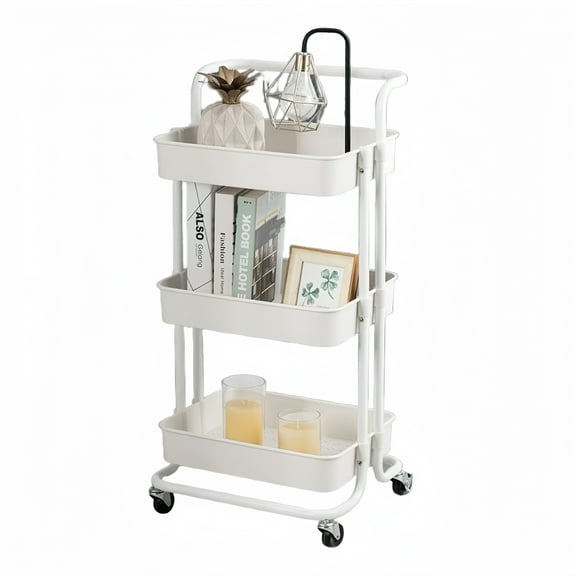 Behome Rolling Cart, 3-Tier Storage Cart with Wheels and Handle, Mobile Utility Cart for Office, Kitchen, Craft Room, White