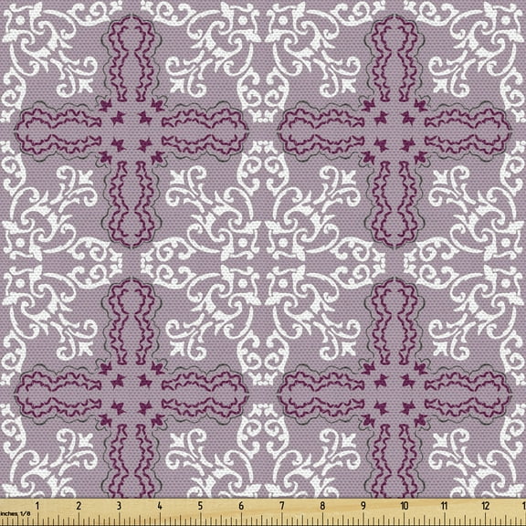 Vintage Sofa Upholstery Fabric by the Yard, Illustration of Classical Tile Inspired Damask Swirls Repetition, Decorative Fabric for DIY and Home Accents, Plum White and Grey Pink by Ambesonne