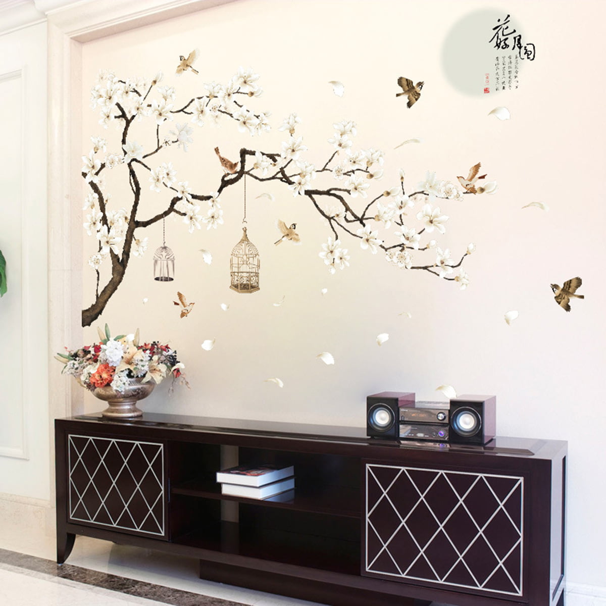 BIBITIME Pink Peach Blossom Flowers Wall Decal Sticker Birds Stickers Home Wallpaper Removable Living Dinning Room Bedroom Kitchen Art Picture Murals,DIY Size 66.93 33.46 in 