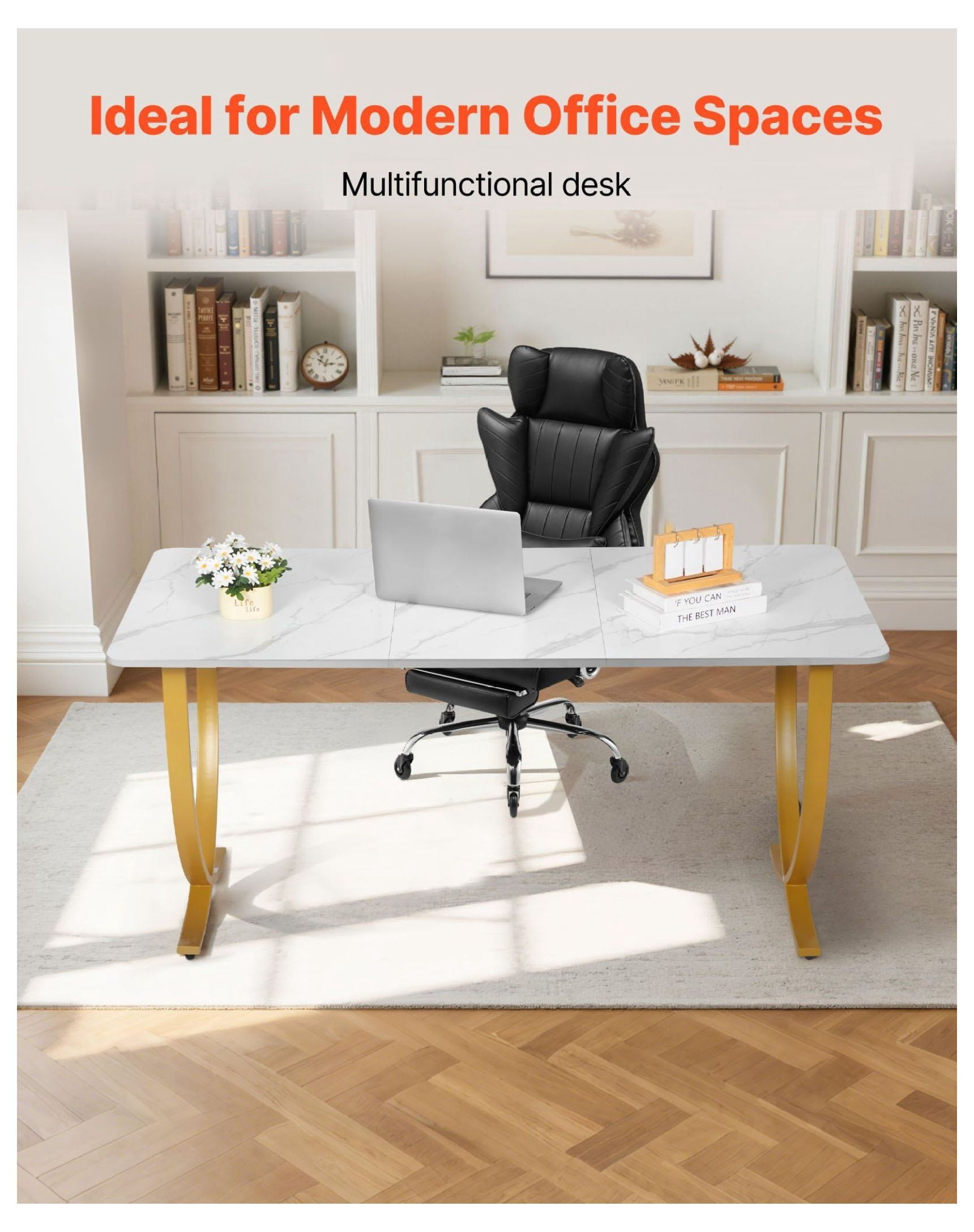 Executive Desk 63" W Modern Office Computer Table White & Gold Large Conference Desk