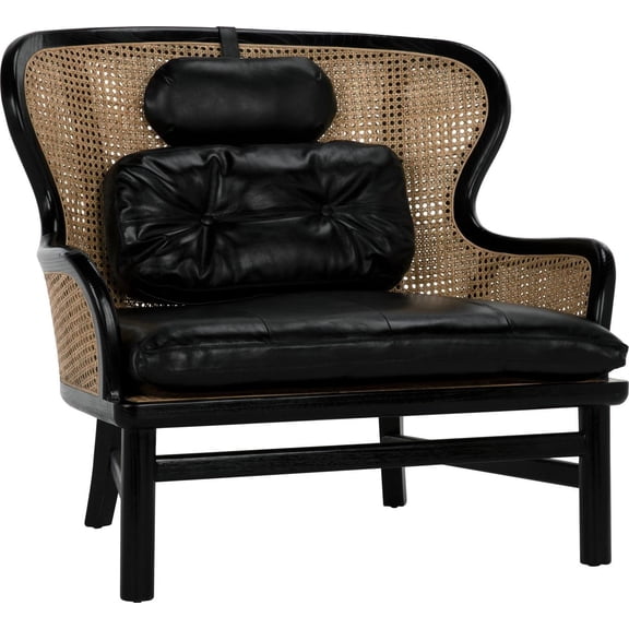 Luxurious Charcoal Black Leather Armchair with Caning