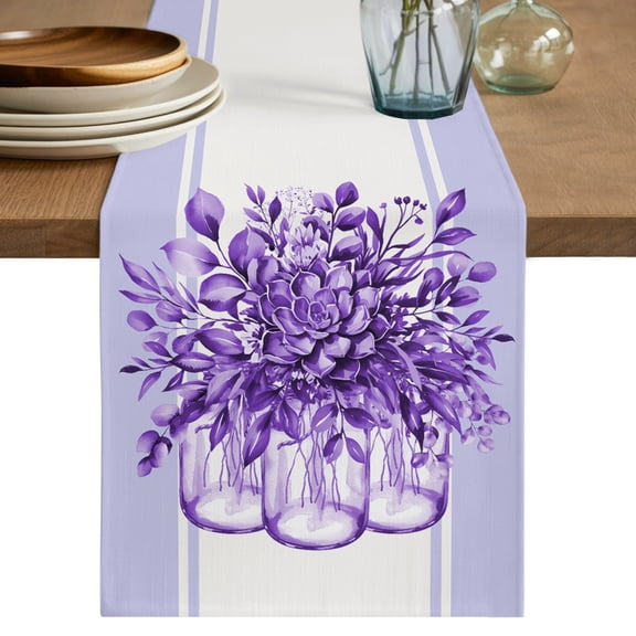 Table Runner 72 Inch Long - Farmhouse Floral Purple Stripe Decorative Table Scarf, Summer Flower Leaves Dining Table Runners for Wedding Party Kitchen Dining Tables