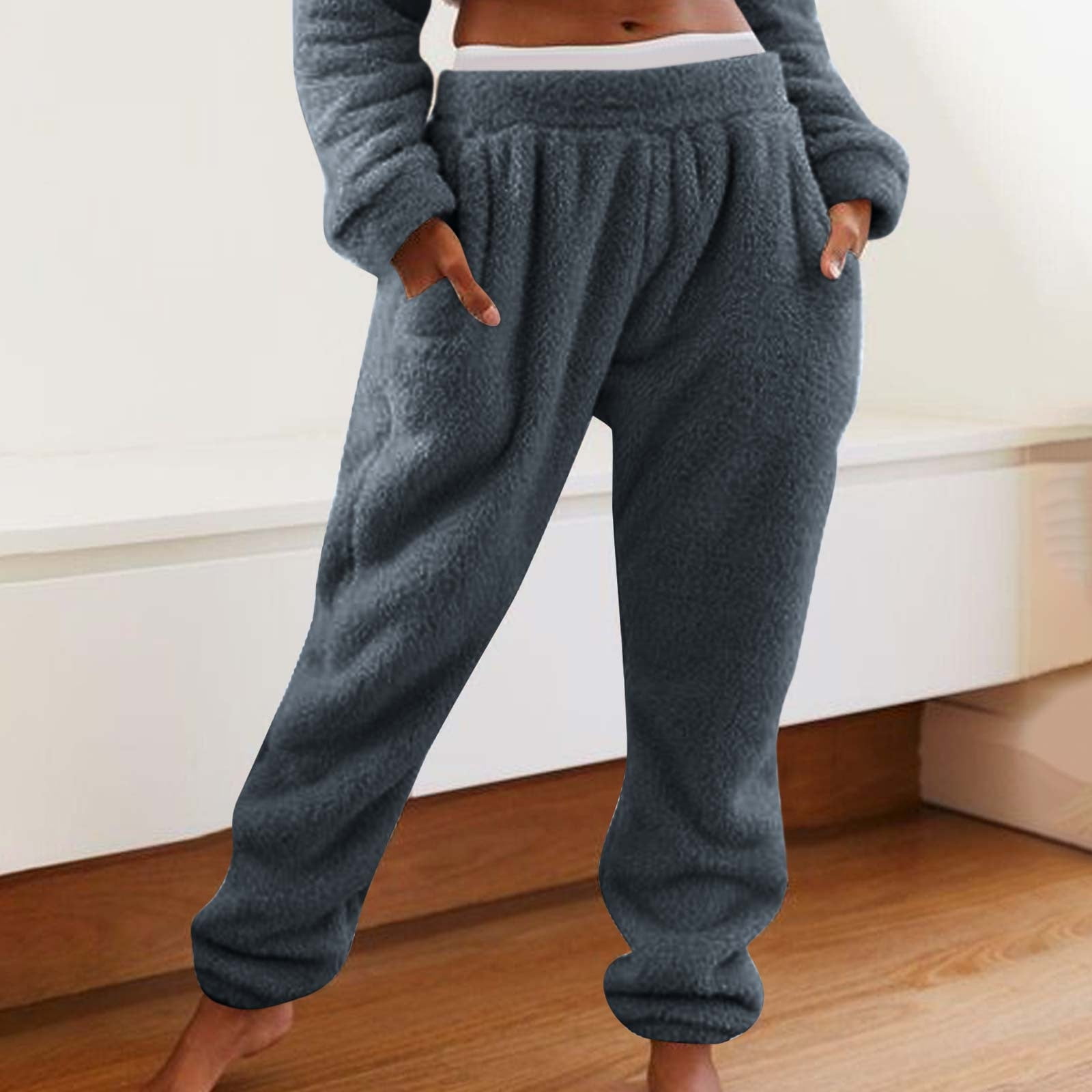 RQYYD Womens Drawstring Fuzzy Fleece Pants Plus Size Winter Warm