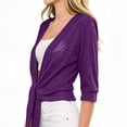 thumbnail image 4 of AHMOMEI Women’s Shimmer Sheer Mesh Tie-Front Shrug, 3/4 Sleeve Open Front Cropped Cover Up, Lightweight Knit Cardigan for Summer Purple XL, 4 of 6