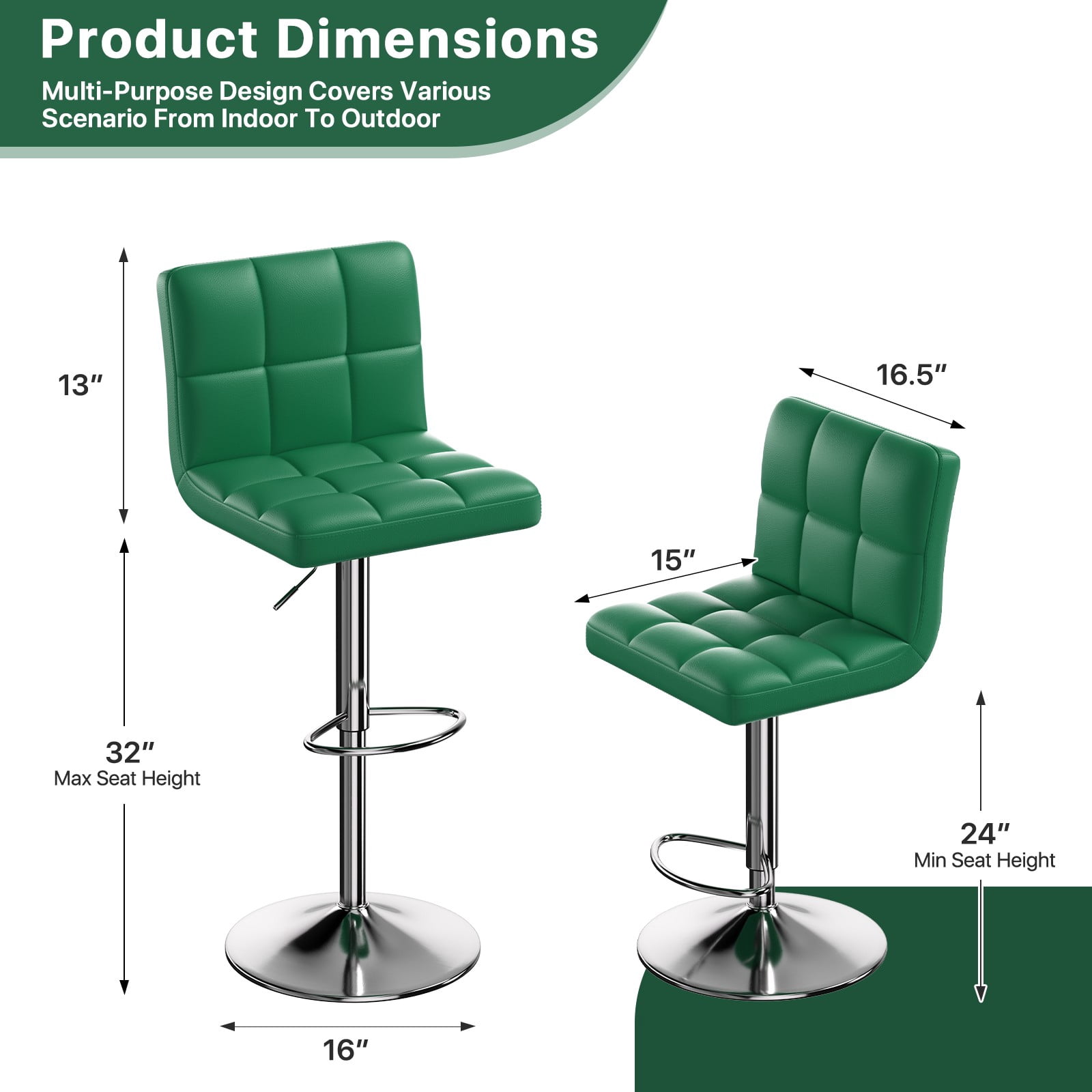 MoNiBloom Adjustable Height Swivel Bar Stool Lift Pub Chair, Counter Height Chair Set of 2 for Kitchen, Green