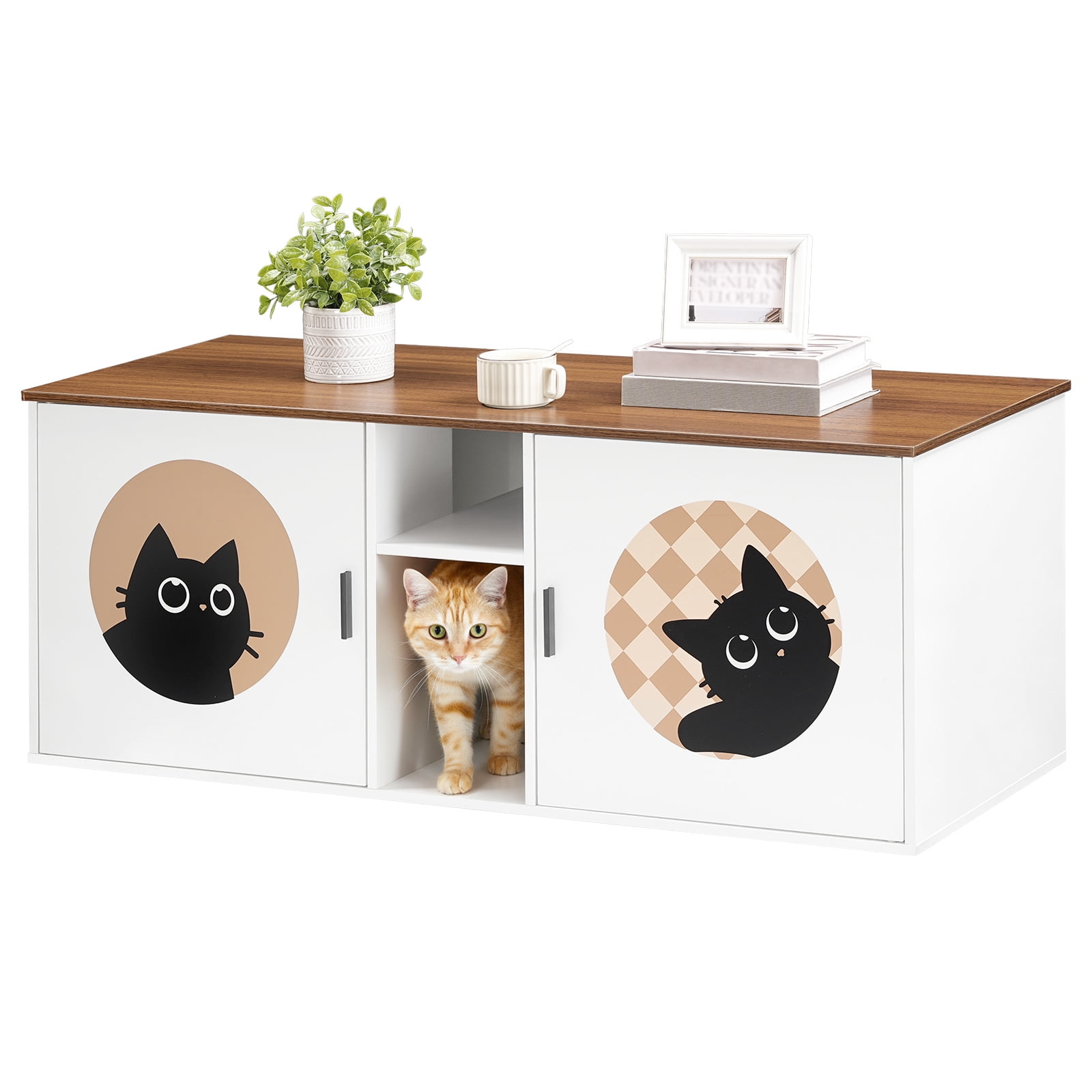 HOOBRO Double Cat Litter Box Enclosure with Middle Storage Shelf, Dual Hidden Litter Box Furniture, Unique Patterned Litter Box Cabinet, White and Walnut WH25MW01