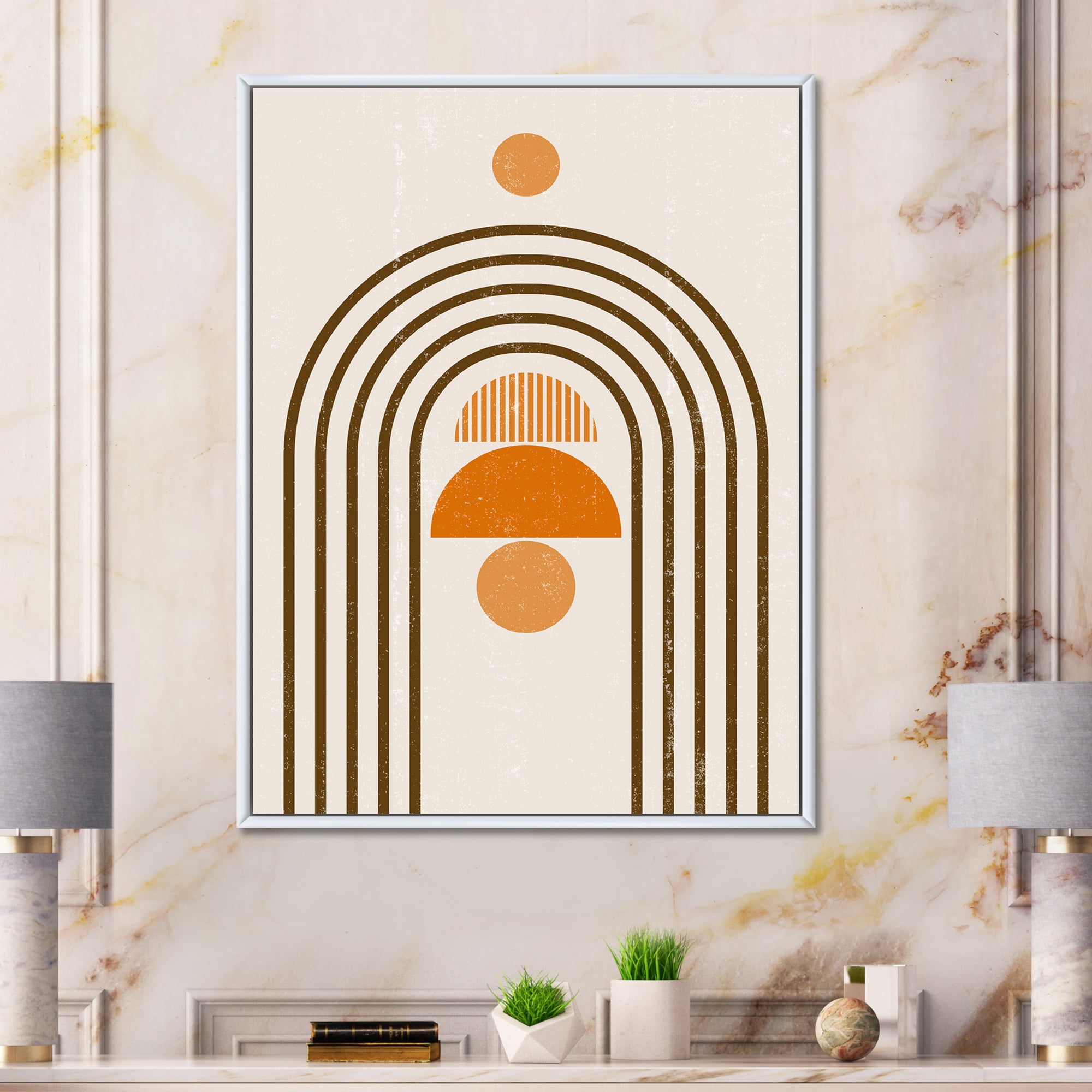 Designart 'Abstract Rainbow Moon and Sun In Earth Tones IV' Modern Framed Canvas Wall Art Print