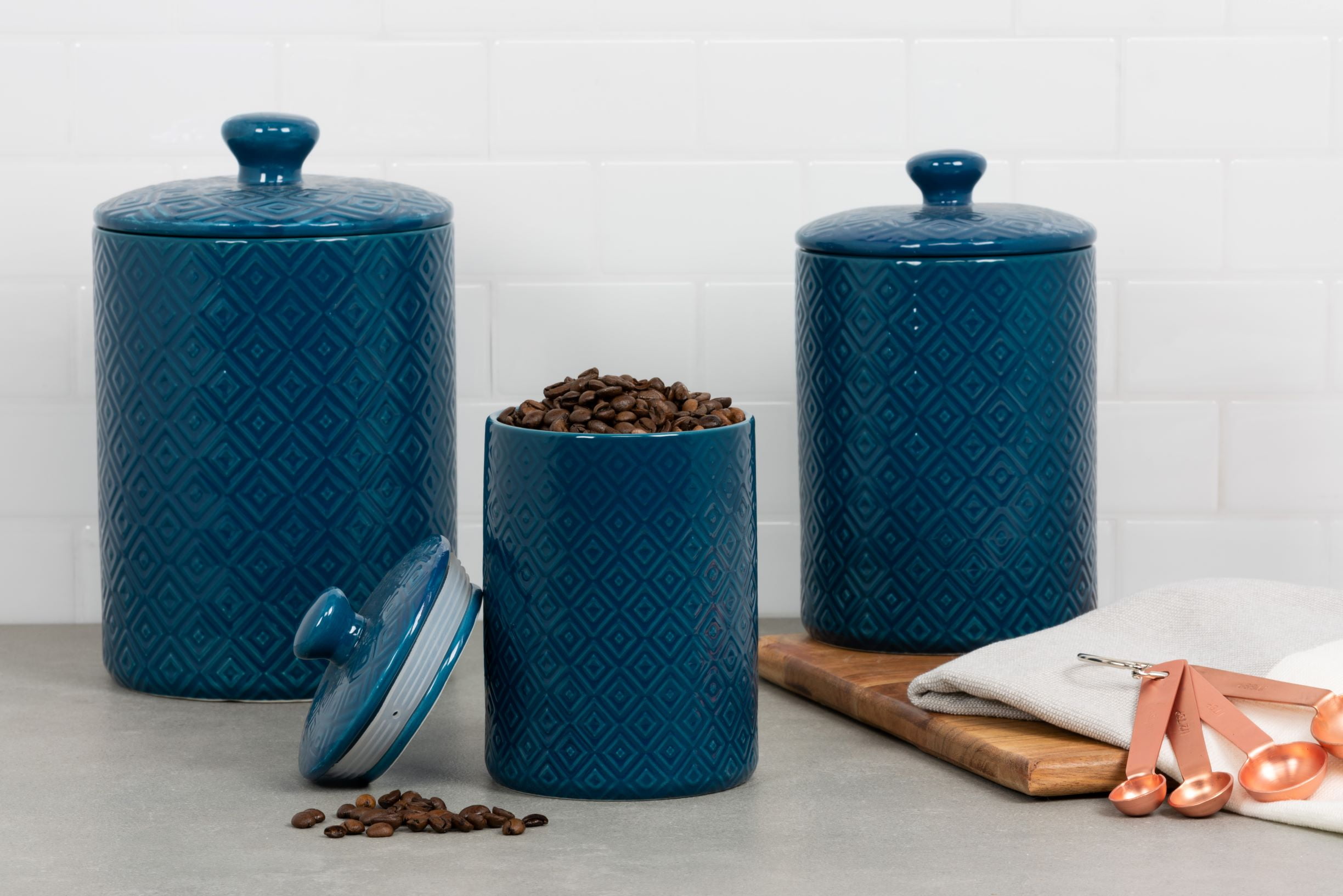 10 Strawberry Street Diamond 3 Piece Canister Set, Blue