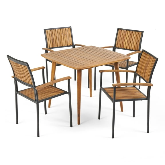 Noble House Alpina 5 Piece Wooden Square Patio Dining Set in Teak and Black