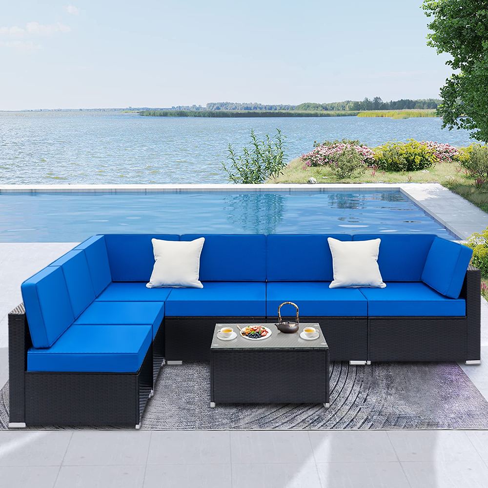 Outdoor Wicker Furniture Sets, 7 Piece Patio Furniture Sofa Set, with 6 PE Rattan Chairs and 1