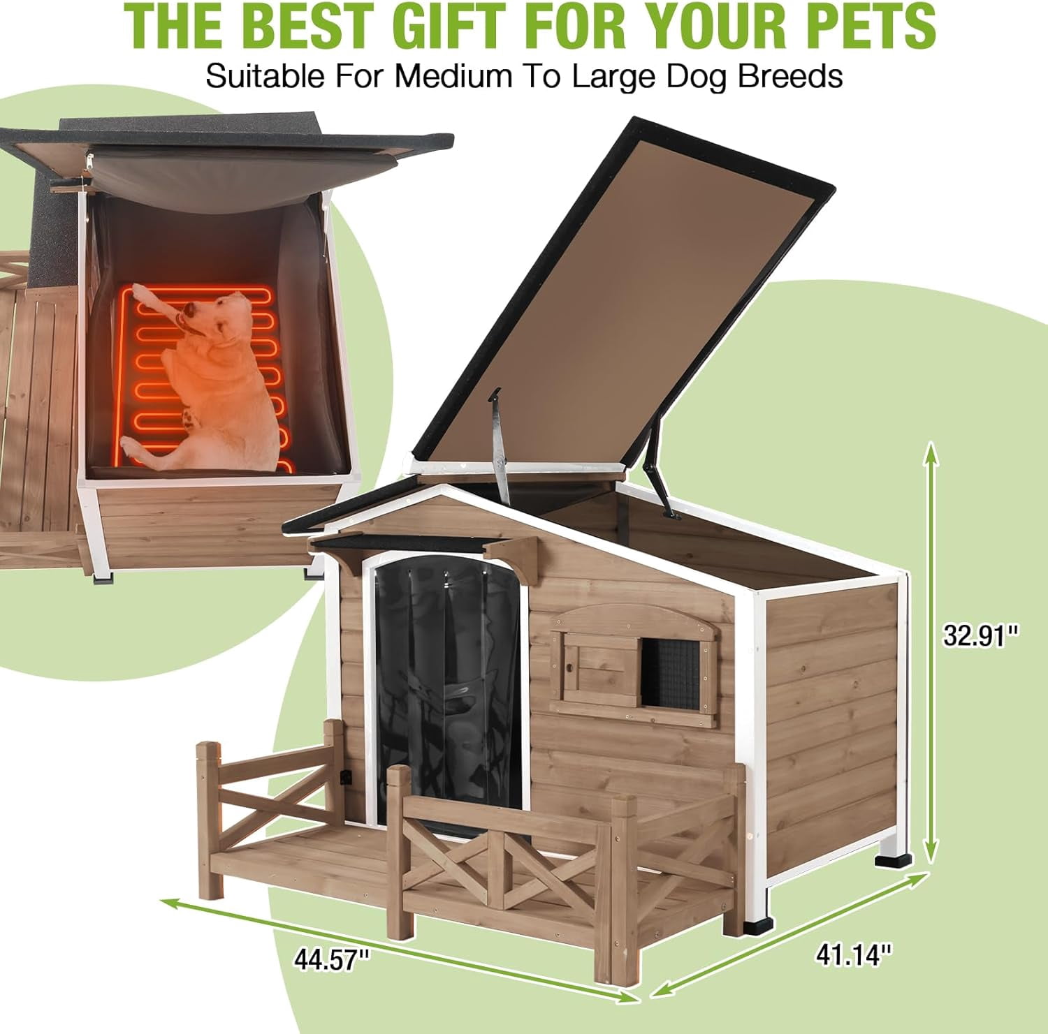 Aivituvin Heated Dog House Outdoor Dog Wooden Kennel with Safe Heated Pad, Chew-Proof Metal Frame and Insulated Liner Dark Brown