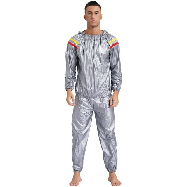 iiniim Men's Anti-Rip Sauna Suit Weight Loss Sweat Suit Training Gym Workout with Jacket Hood Type A Silver M