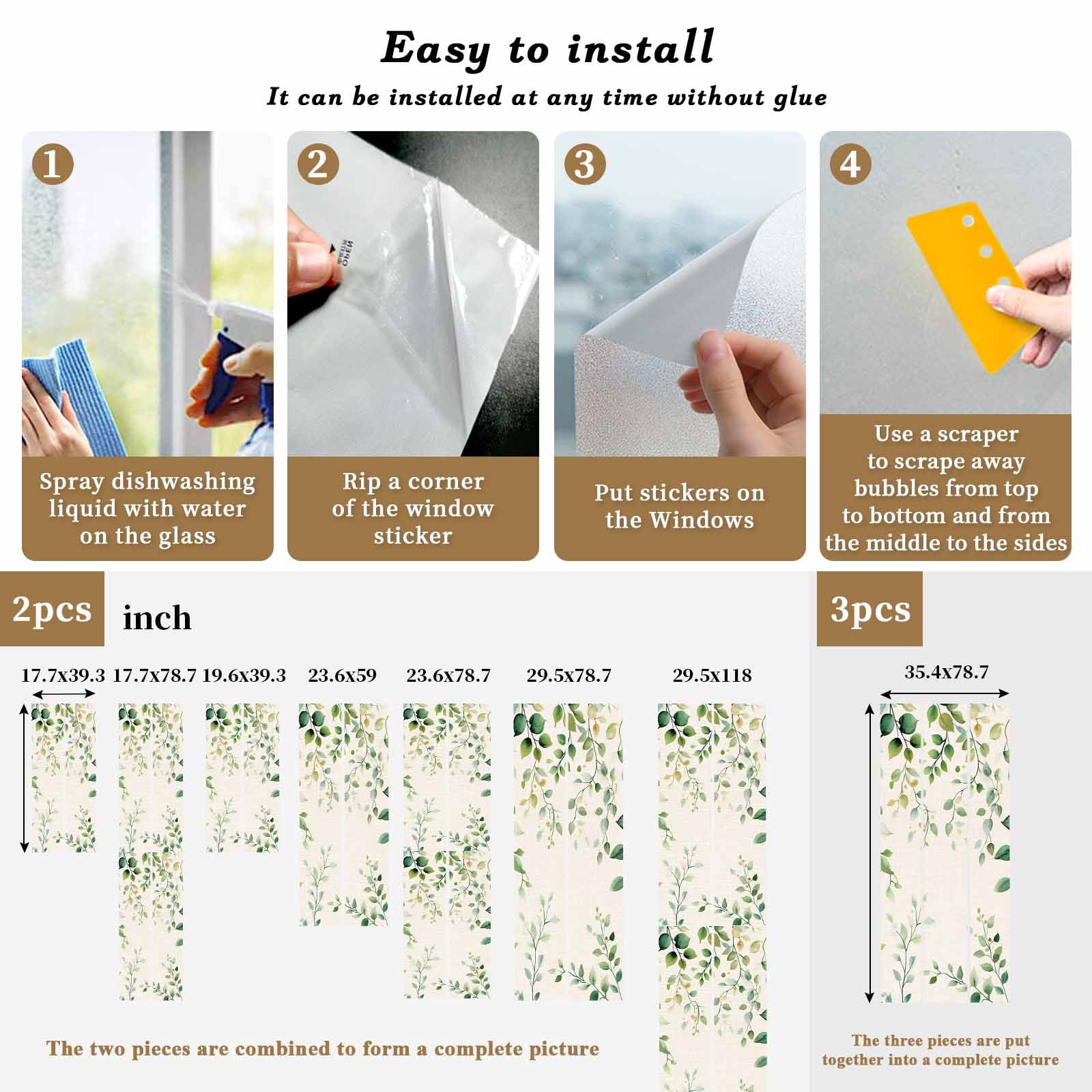 Green Eucalyptus Window Privacy Film, Country Nature Leaf Succulent Plant Static Cling UV Sun Blocking Tint Film Heat Control Windows Films for Bedroom Bathroom, Window Stickers 23.6"x59"