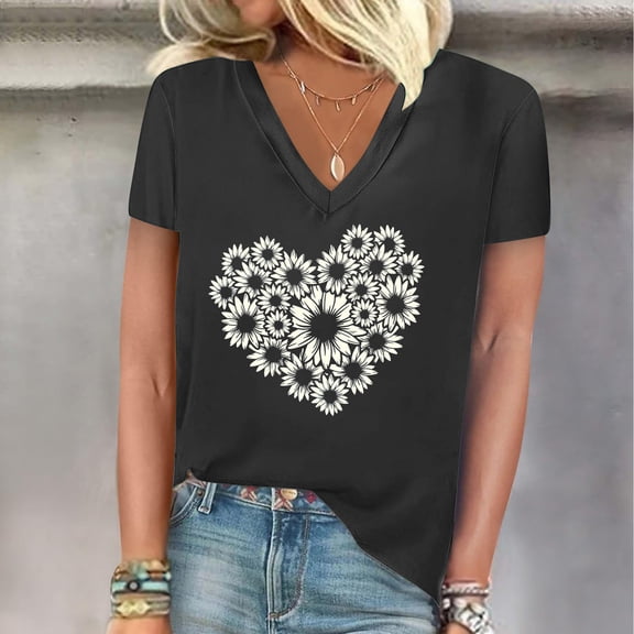 Wancir Women's Floral T-Shirts V-Neck Dandelion Sun Flower Graphic Casual Tee Boho Tops Cute Wildflowers Shirts