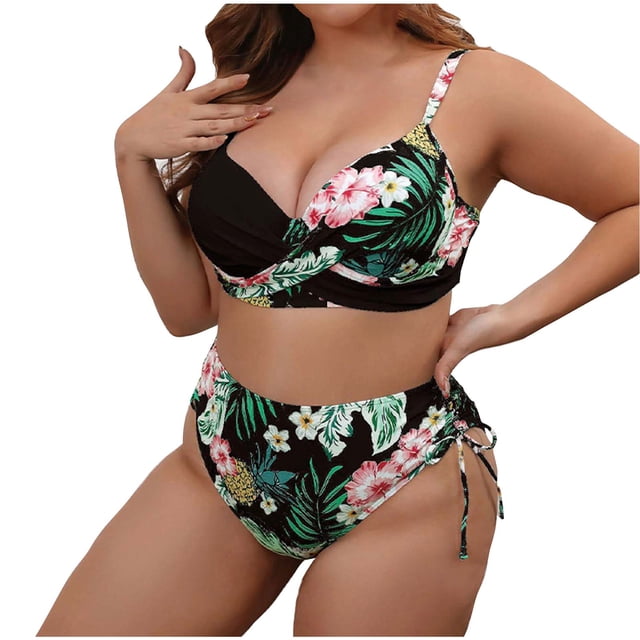 Plus Size Bikini Sets for Women 3 Pc Rigid Mesh Swimsuit Print Polyester