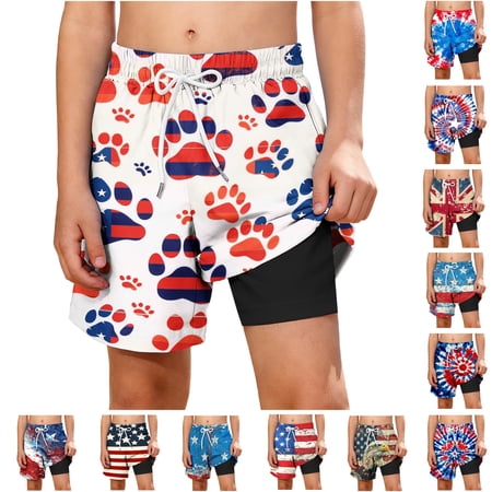 Yeaiivve Kids 4th of July Quick Dry Swim Trunks for Boys Compression Liner Patriotic Printed Board Shorts Elastic Waist Pull On Shorts for Summer Multicolor 11 Years