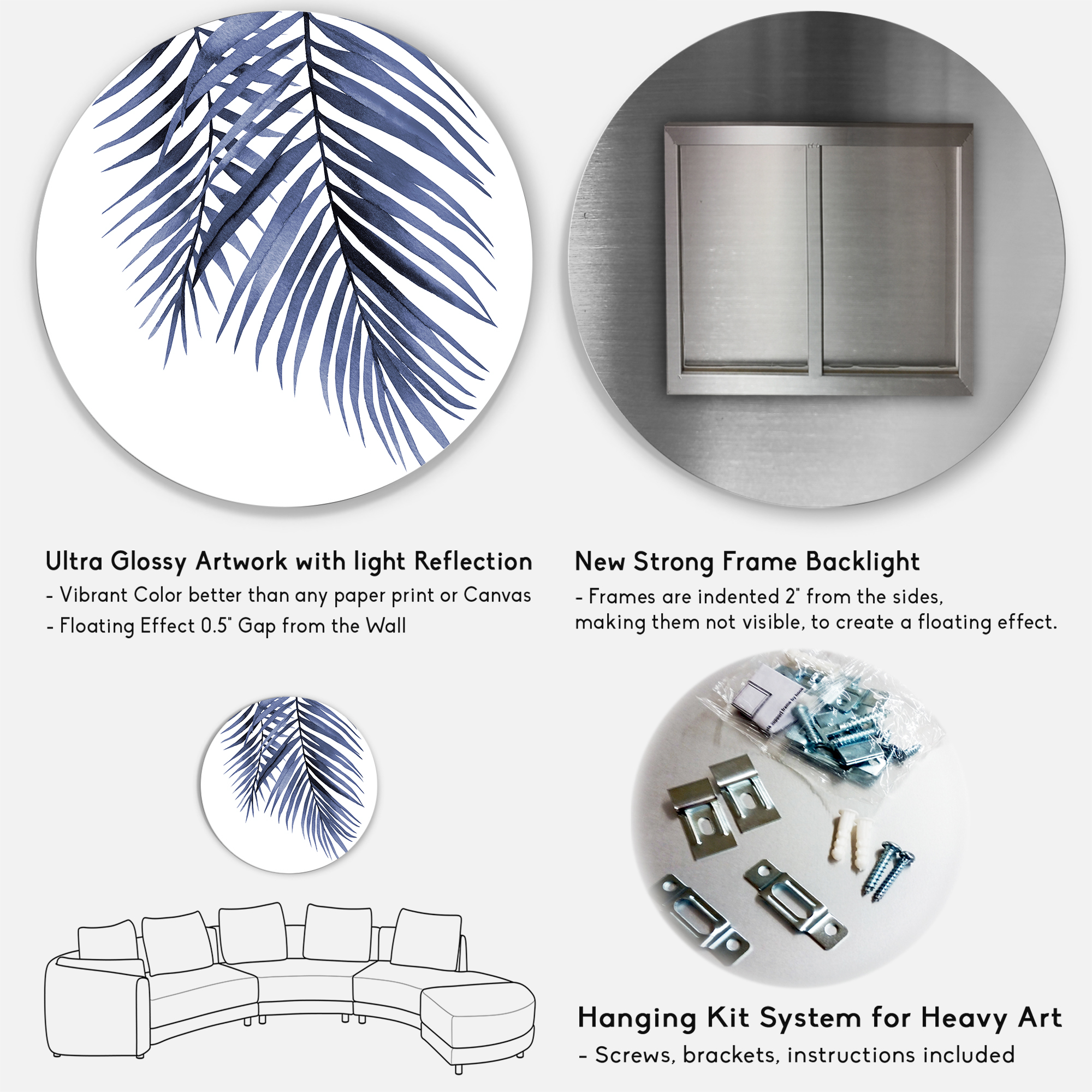 Designart 'Abstract Blue Palm Leaves Tropical Branches' Traditional Circle Metal Wall Art 23x23 - Disc of 23