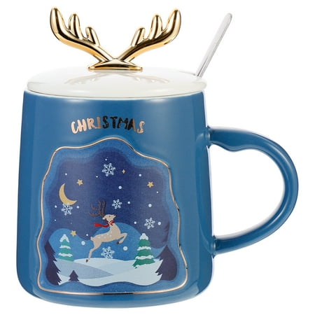 

1pc Xmas Ceramic Water Cup Xmas Theme Pattern Water Mug with Lid and Spoon
