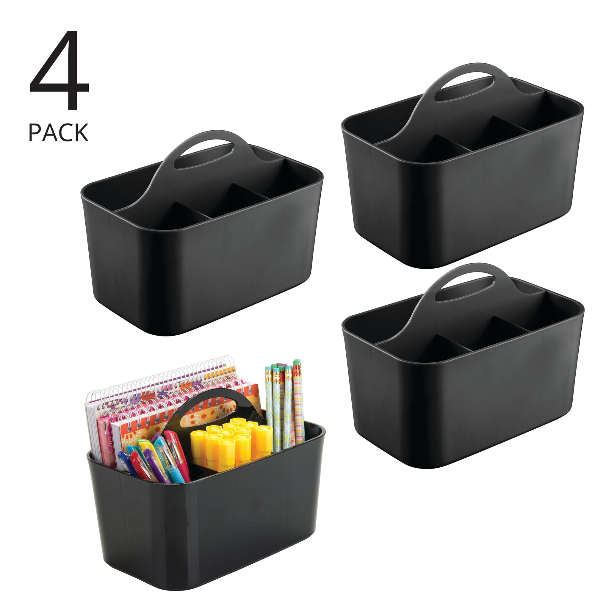 mDesign Small Plastic Caddy Tote for Desktop Office Supplies, 4 Pack, Black