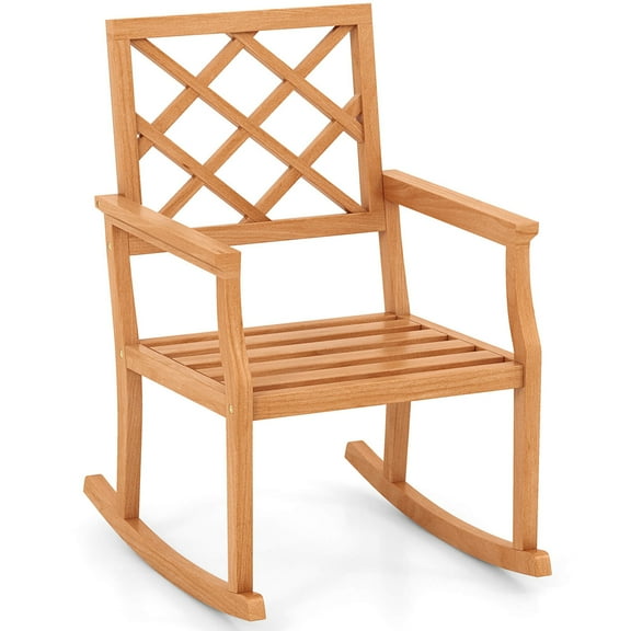 Costway 1 PCS Teak Wood Rocking Chair with Backrest and Slatted Seat Backyard and Lawn