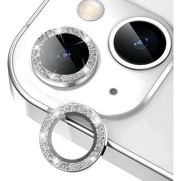 Camera Lens Protector for iPhone 14 / iPhone 14 Plus, Bling Glitter 9H Hardness Drop-proof Camera Screen Cover Metal Individual Ring, Strong Adsorption, Case Friendly (Silver Glitter)