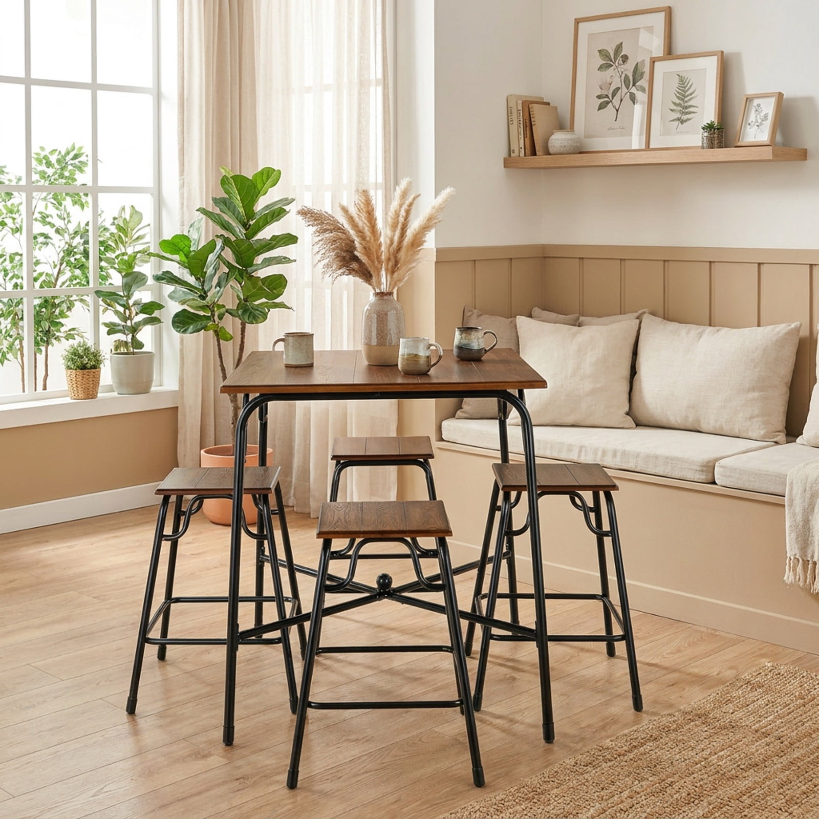 Furnibear 5 Pieces Bar Table Set with 4 Counter Height Backless Stools for Kitchen Dining Room Breakfast Nook Home, Rustic Brown