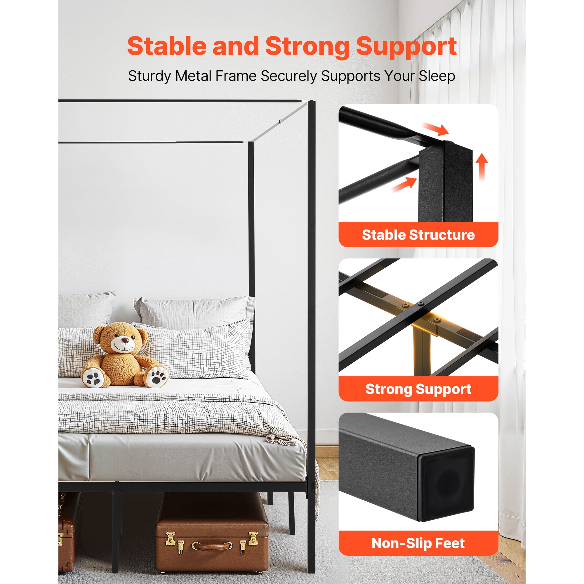 KFFKFF Full-Size Canopy Bed Frame for Bedroom, Durable Steel Bed Frame,  No Box Spring Required, Underbed Storage, Simple Assembly, Black