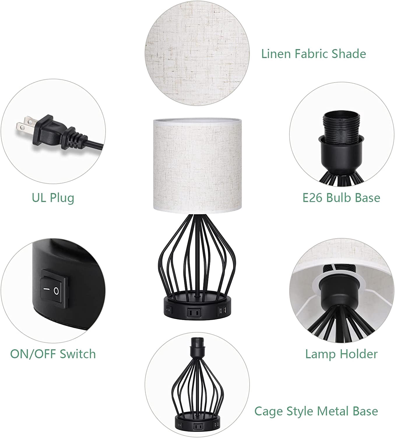 Table Lamp Set of 2, Edison Bulb Desk Lamp with 2 USB Charging Ports and AC Outlet for Dorm, Office, Bedroom, Living Room, Linen