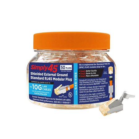 UPC: 0817777017809 | Simply45 Cat 7/7a/6a STP Shielded External Ground RJ45 Standard Modular Plug with Bar45 (50-Piece Jar)