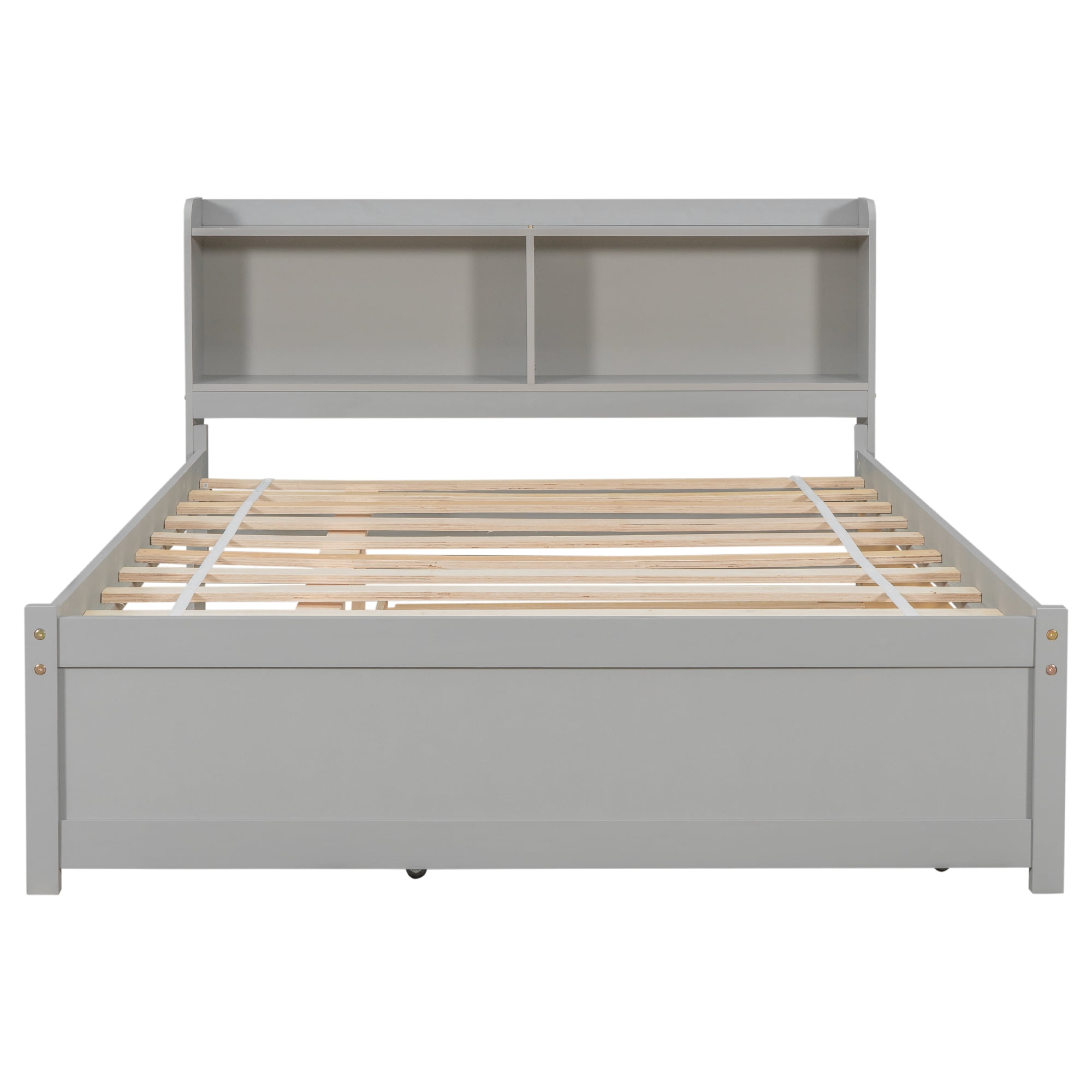 Leumius Full Size Bed with Trundle and Bookcase Headboard for Boys Girls Grey