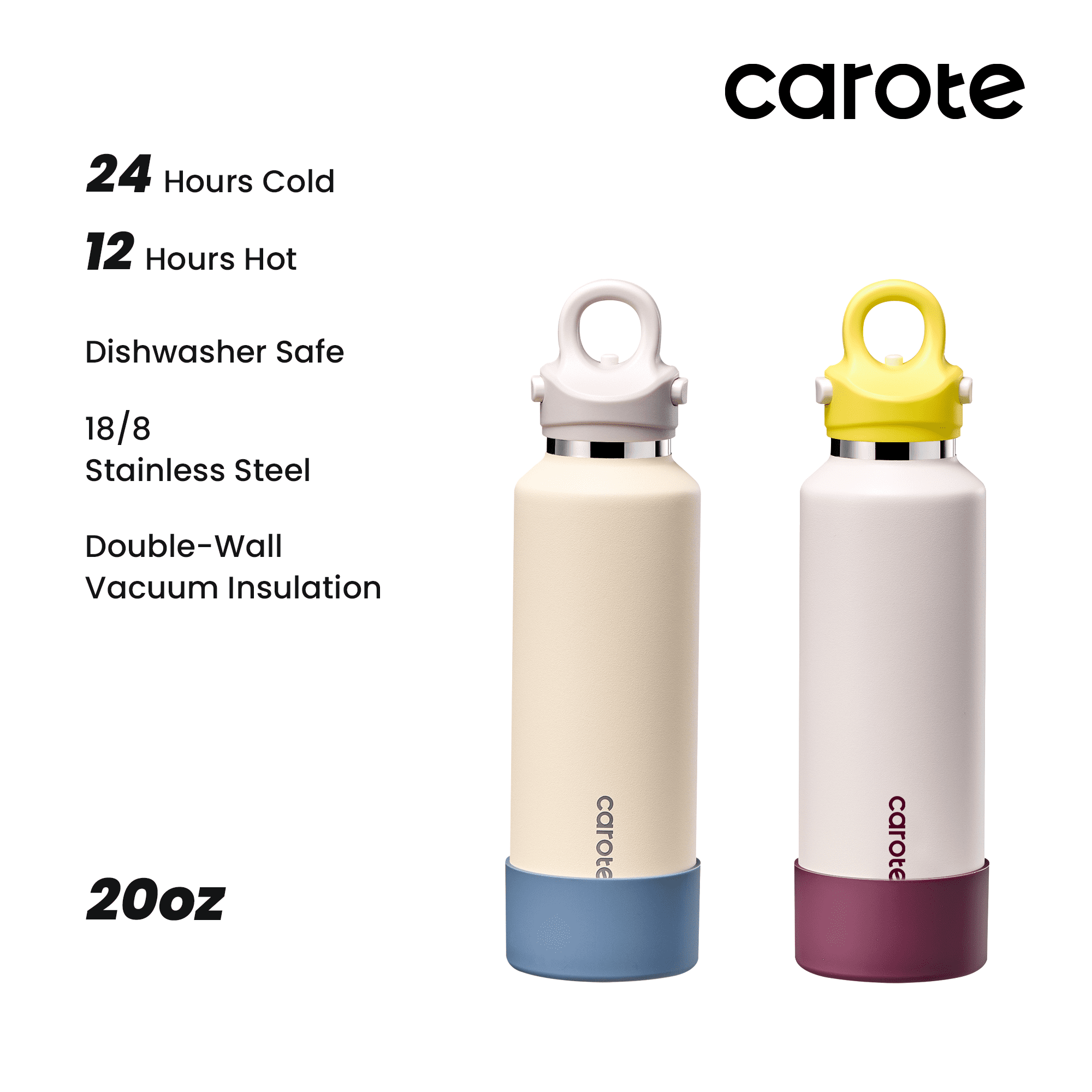 Carote 2-Pack One-Click-Open Insulated Stainless Steel Water Bottle Set, 20oz Blue & Purple