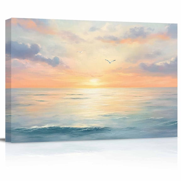 Colorful Sunset Canvas Print Wall Art Ocean Seagull Blue Cloudy Sky Nature Pictures Painting Morden Artwork for Living Room Bedroom, Ready to Hang - 12"x16"