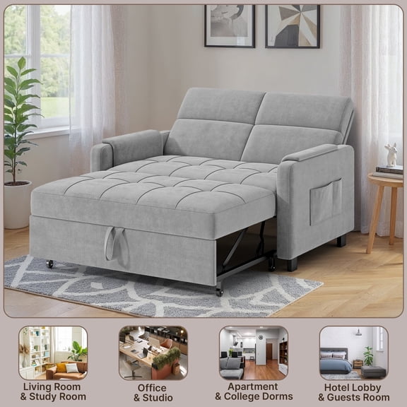 51.2" 3-in-1 Convertible Loveseat Sleeper: Pull-Out Futon Sofa Bed with Adjustable Backrest & Side Pocket for Living Room, Office, Apartment-Velvet Grey