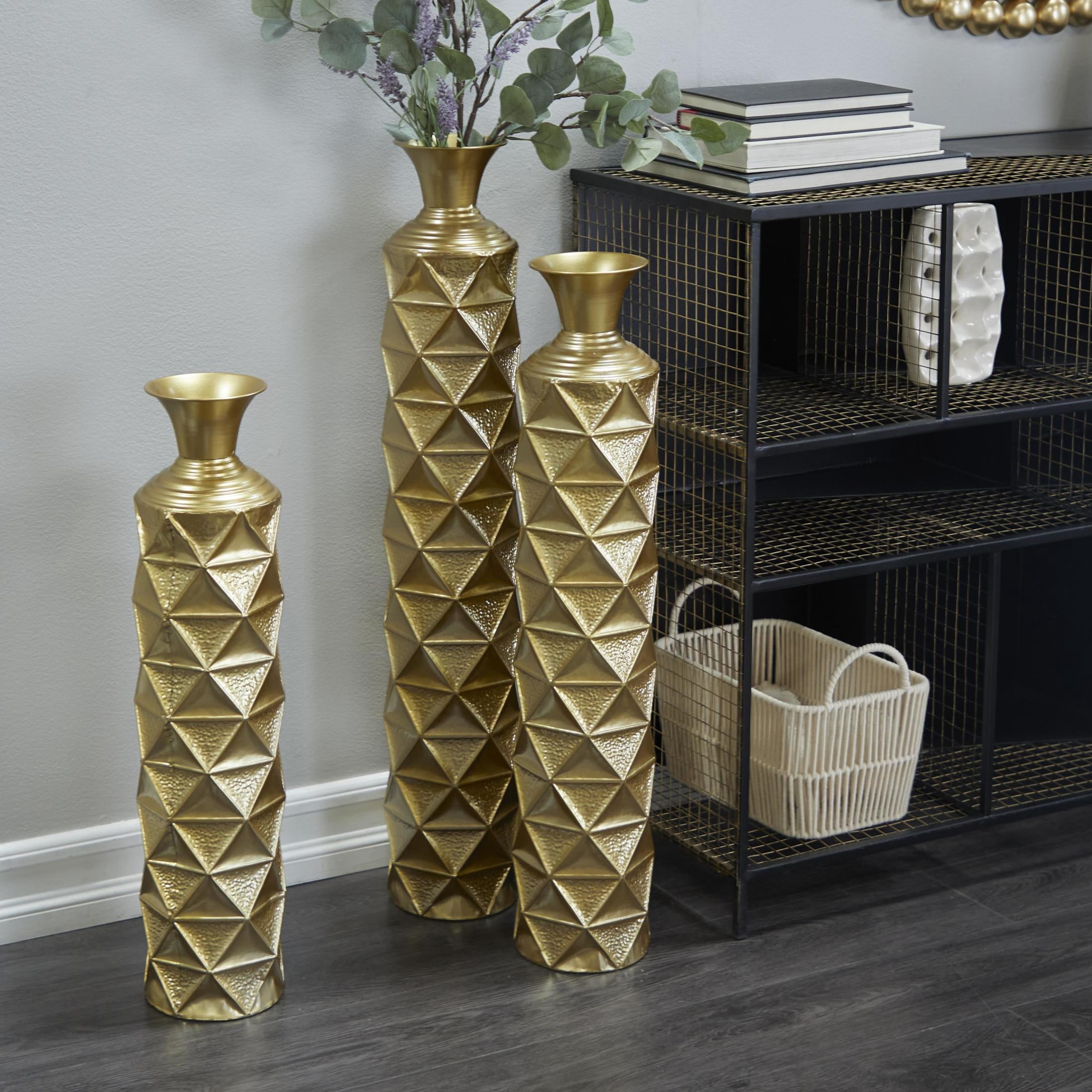 DecMode 34", 29", 25"H Geometric Tall Distressed Metallic Gold Metal Vase with 3D Triangle Patterns, Set of 3